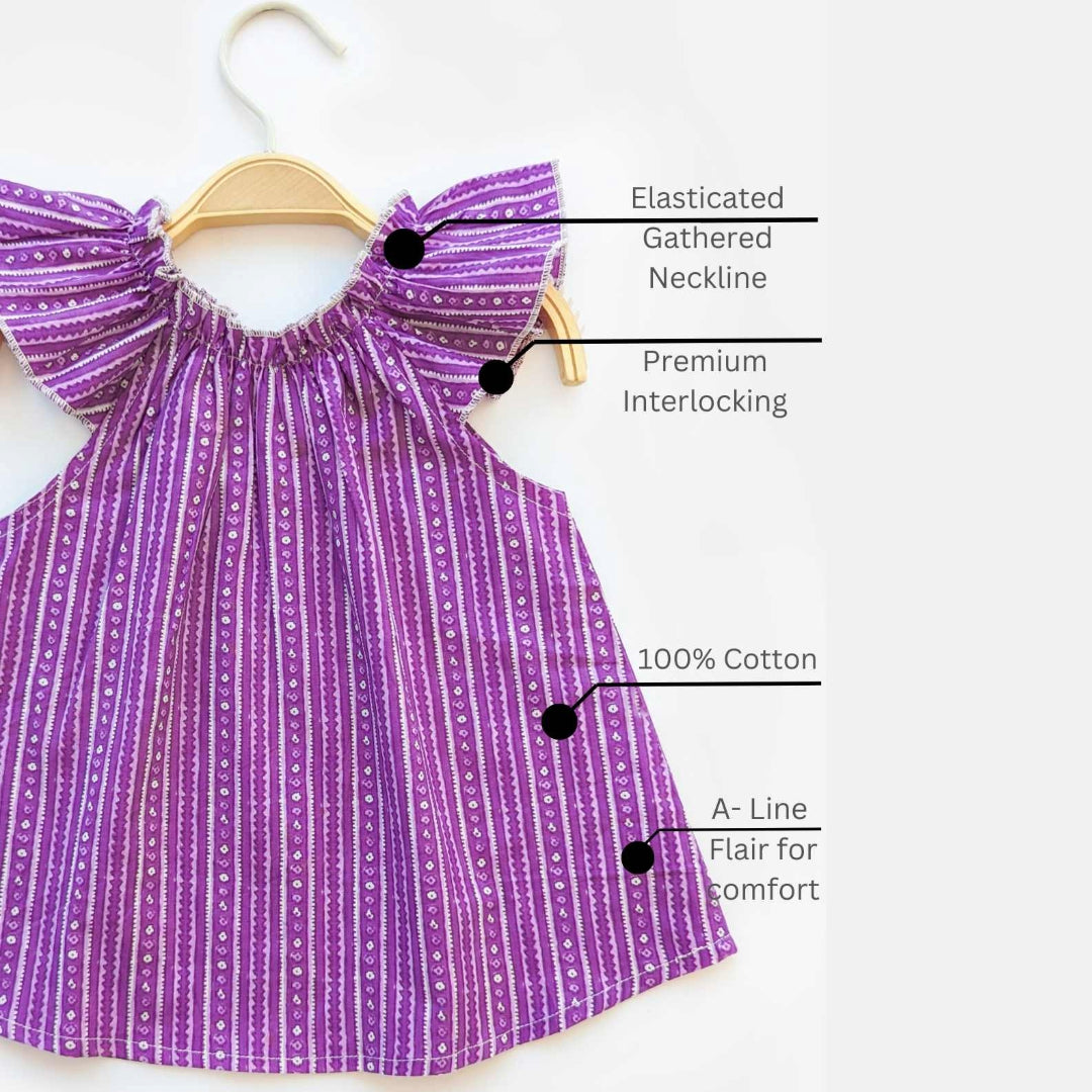 Ria - Baby Girl Pure Cotton Purple Striped Short Sleeve Jhabla