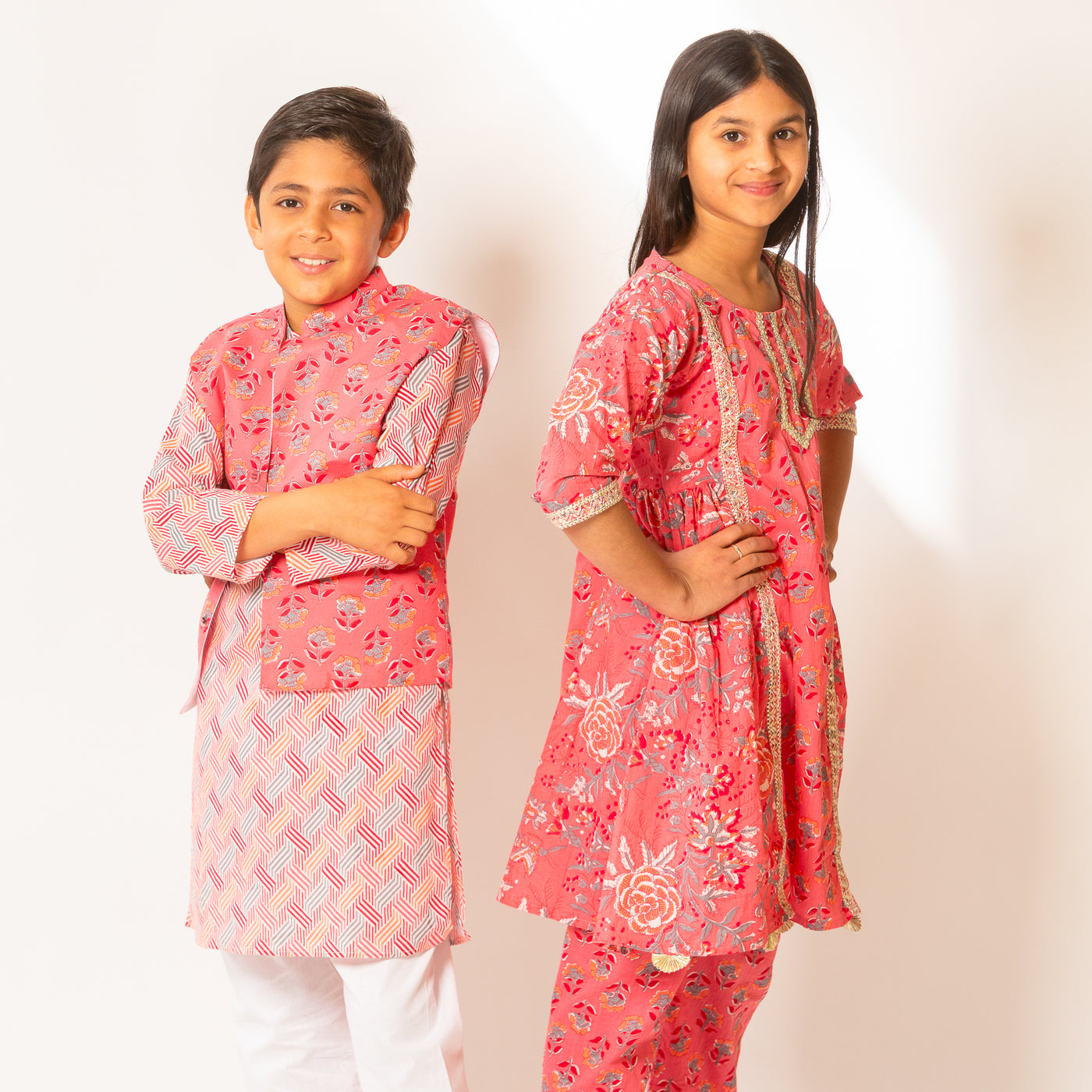 Siblings Set -Coral and Floral Ensemble for Girls and Boys