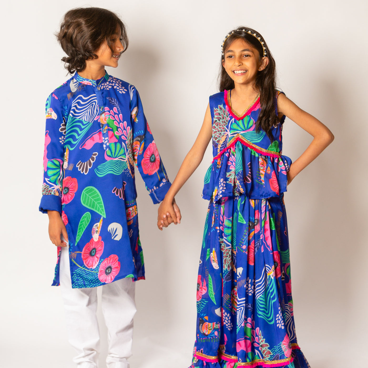 Sibling Set - Electric Indigo Abstract Print Ensemble for Girls and Boys