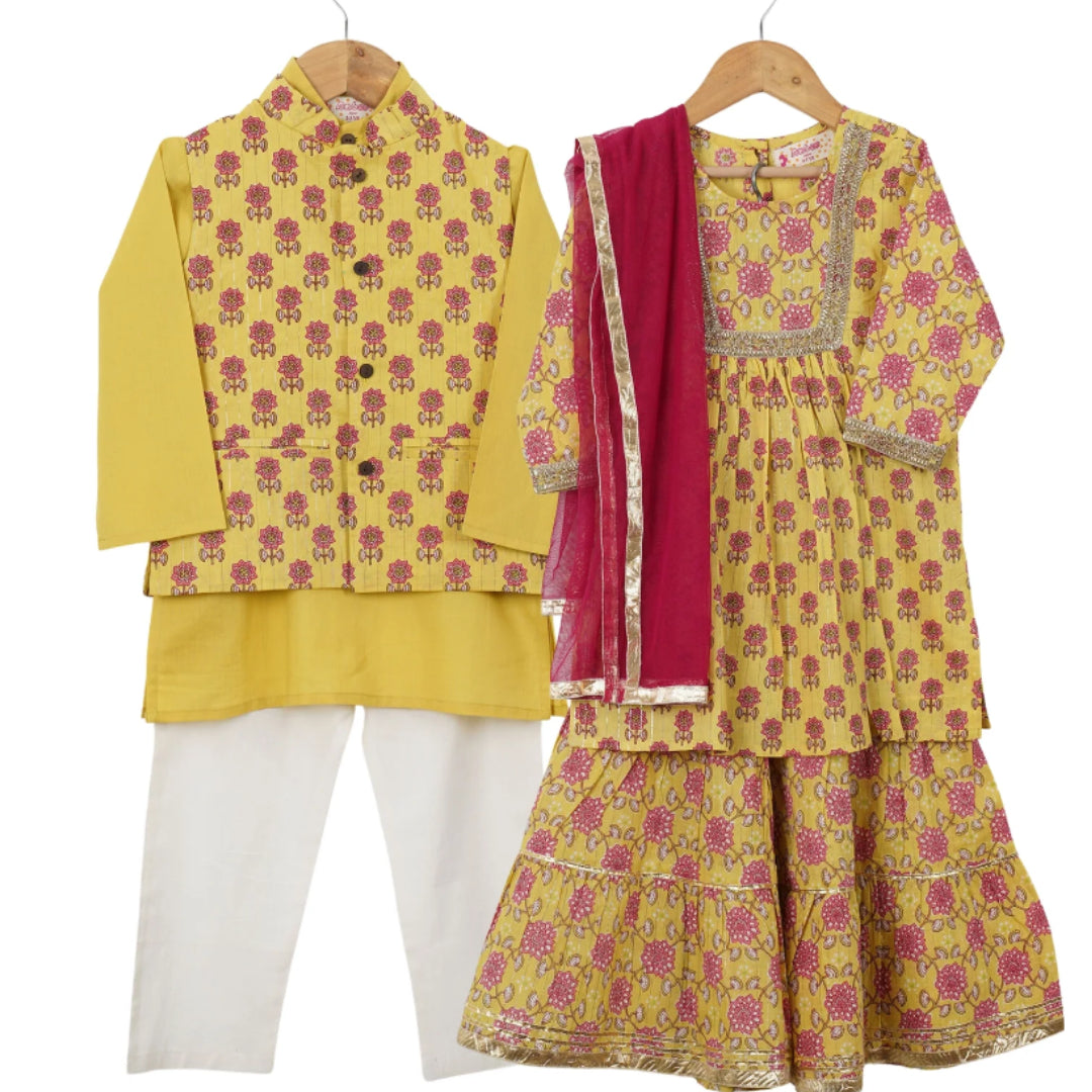 Sibling Set - Yellow Shimmering Kurti with Floral Sharara and Mustard Yellow Kurta Pajama with Floral Vest