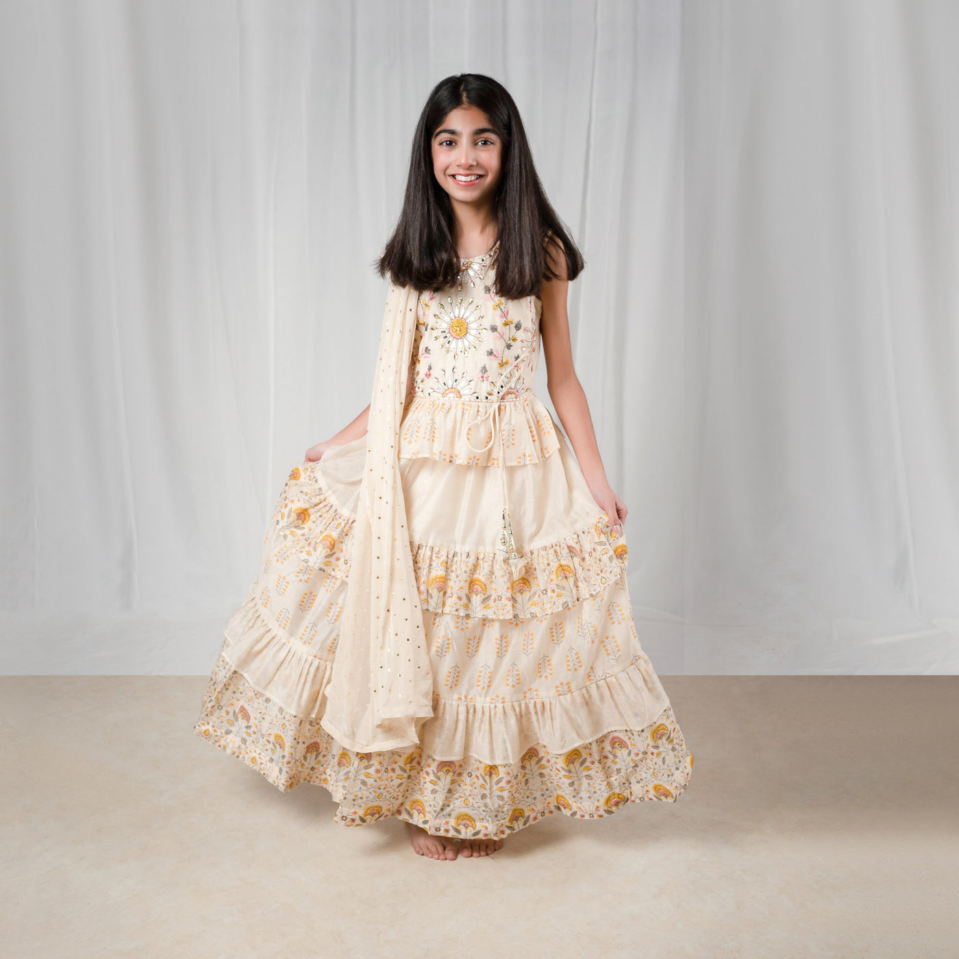 RABIA - Cream Ruffle Detail Girls Gown with Floral Print