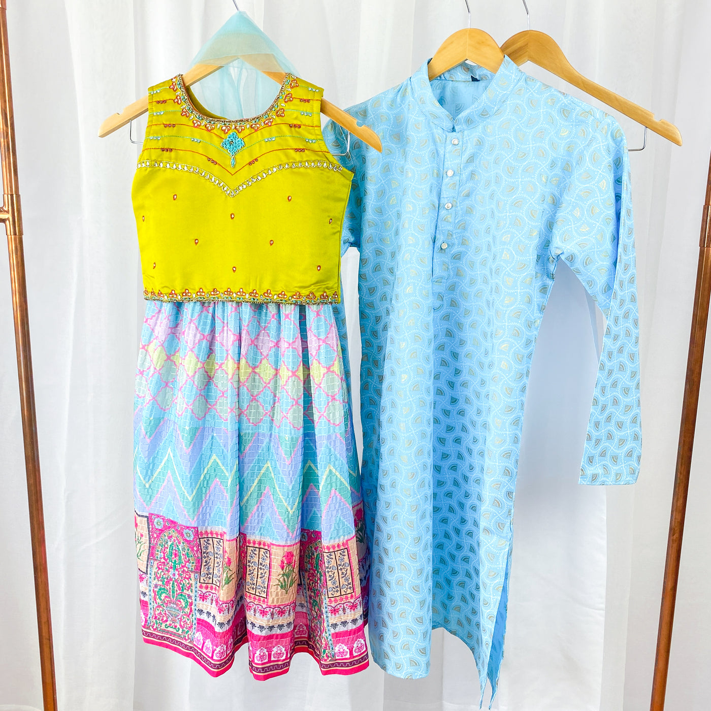 Sibling Set - Baby Blue Printed Coordinated Kurta Pajama and Lehenga