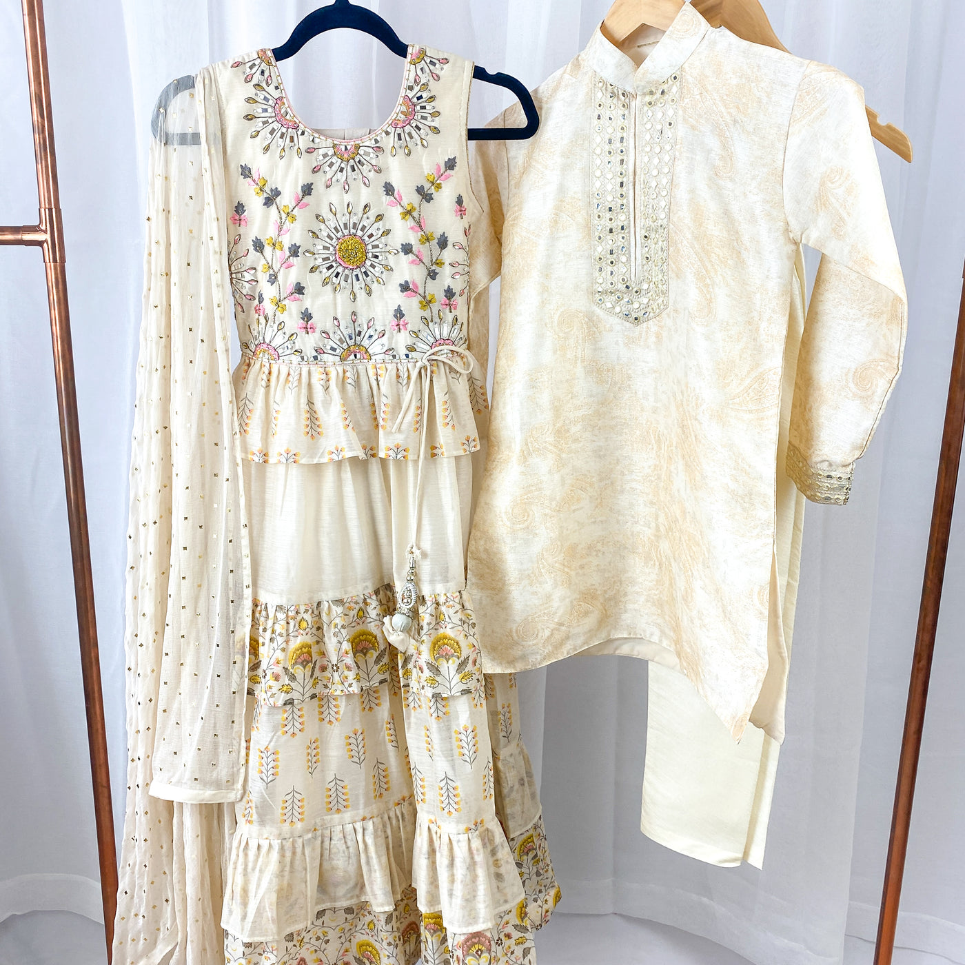 Sibling Set - Cream Color Coordinated Kurta Pajama and Gown