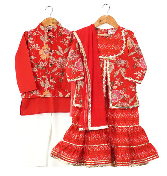 Sibling Set - Red Floral Kurta Pajama and Sharara Set