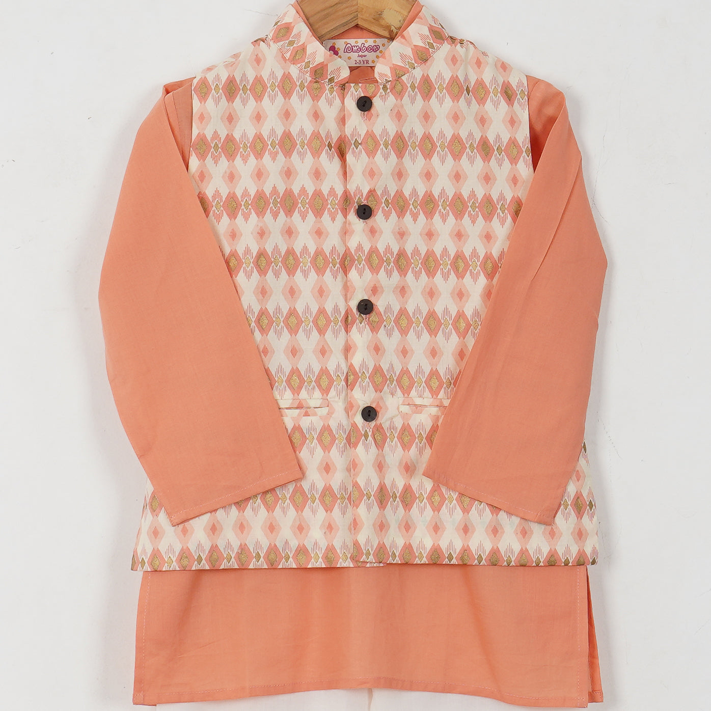TANVEER - Boys Peach Kurta Pajama with Peach and Gold Print Ikat Vest