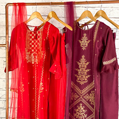 ZAINA - Girls Jacquard Woven Pant Salwar Suit With Dupatta in Crimson Red