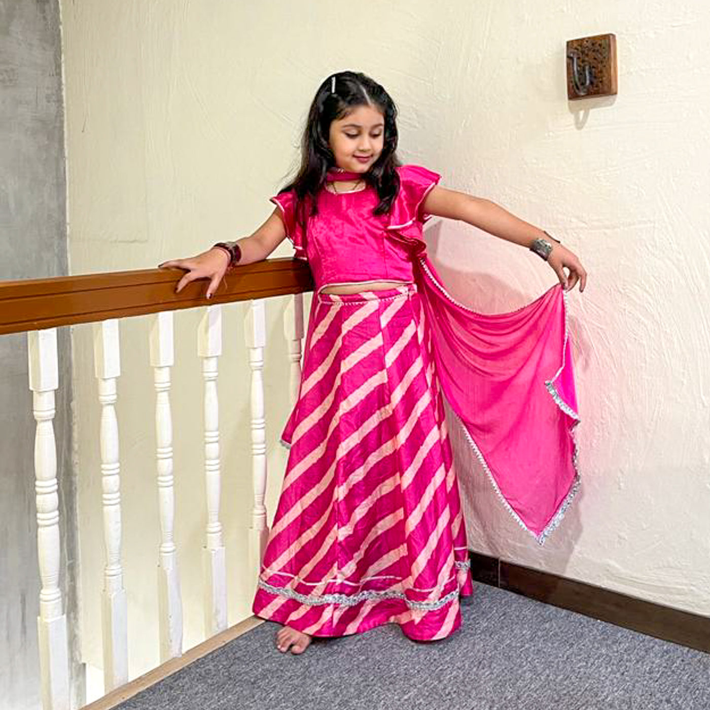 AAMANI - Girls Muslin Silk Rani Pink Lehenga Choli for Navratri