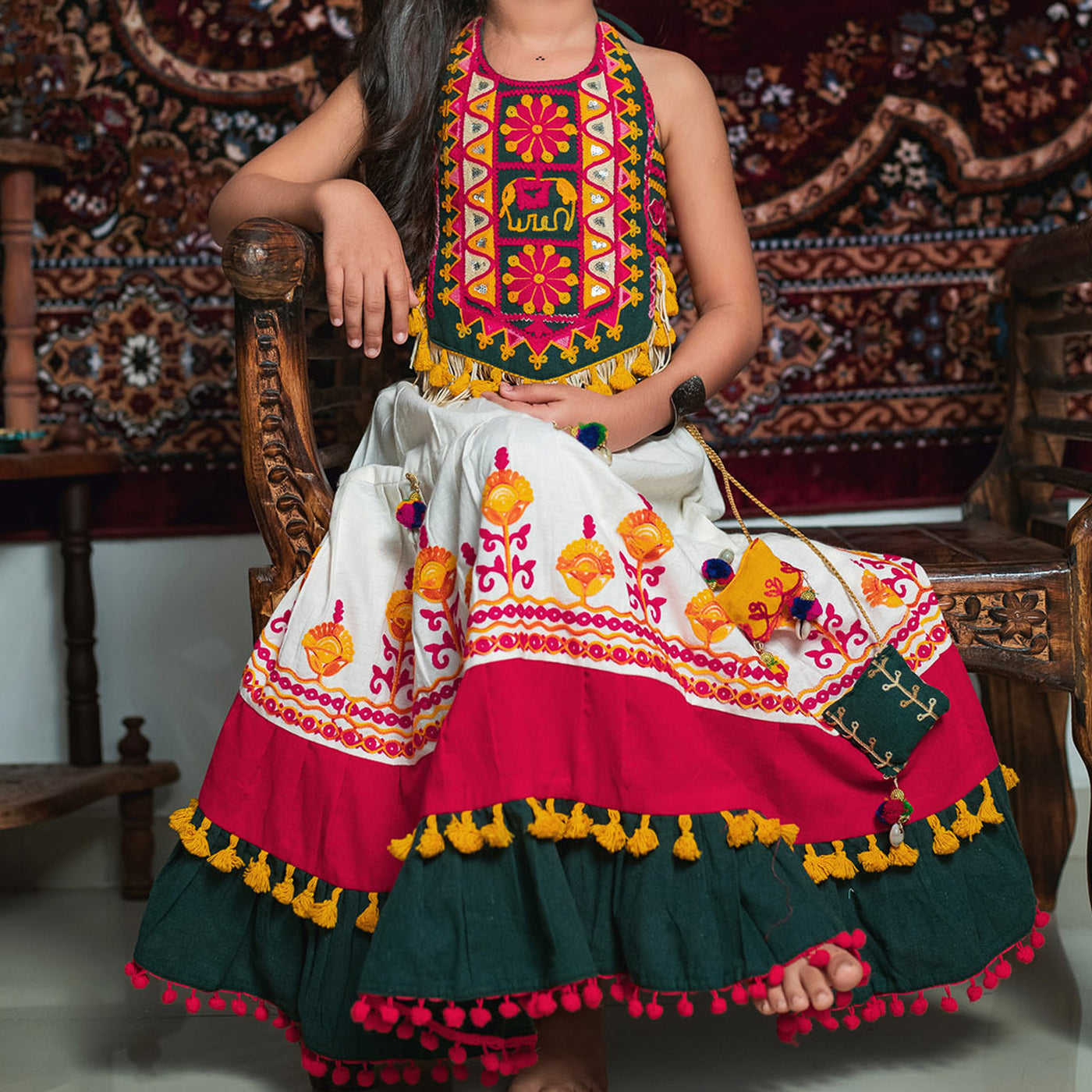 AMAYA - Traditional White Gujarati Embroidered Festive Girls Choli & Lehenga