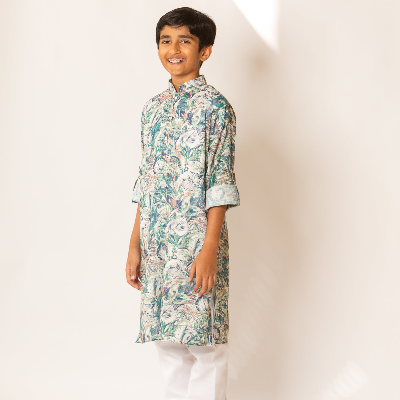 Aadi - Boys Blue and Green Leaf Print Kurta Pajama