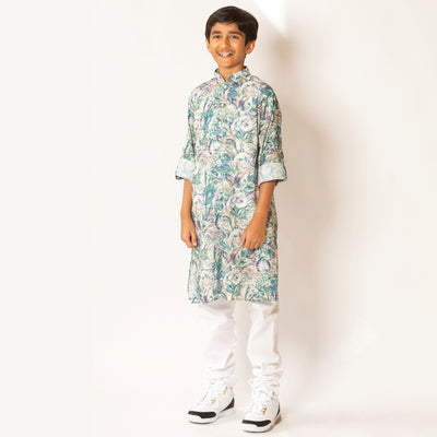 Aadi - Boys Blue and Green Leaf Print Kurta Pajama