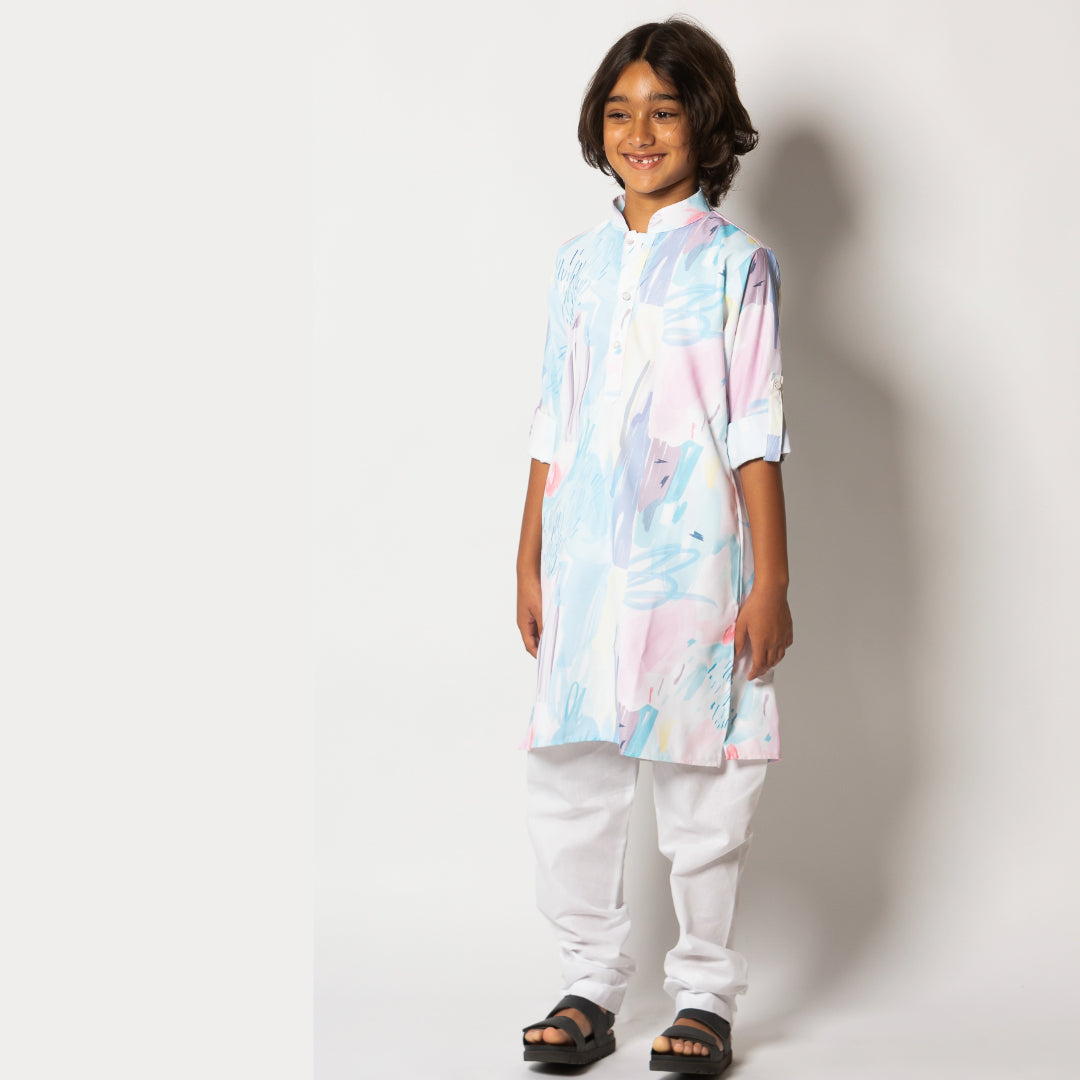 Aahil - Boys Pastel Blue Multicolor Printed Kurta Pajama