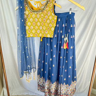 Aanya - Mustard Yellow and Blue Violet Lehenga Choli with Intricate Embroidery