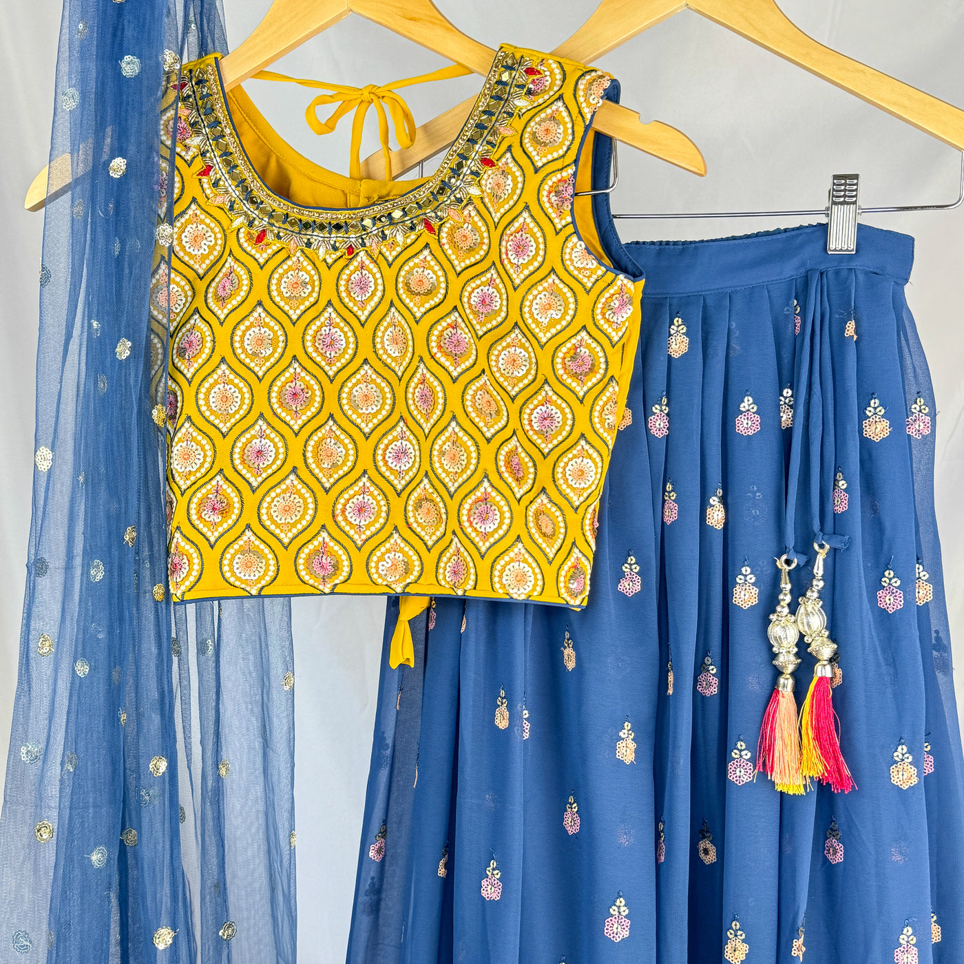 Aanya - Mustard Yellow and Blue Violet Lehenga Choli with Intricate Embroidery