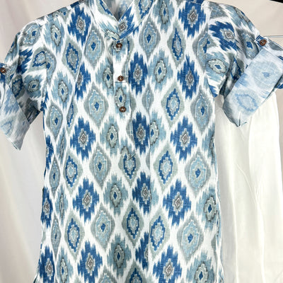 Aarav - Blue and Gray Ikat Print Kurta Pajama Set for Boys