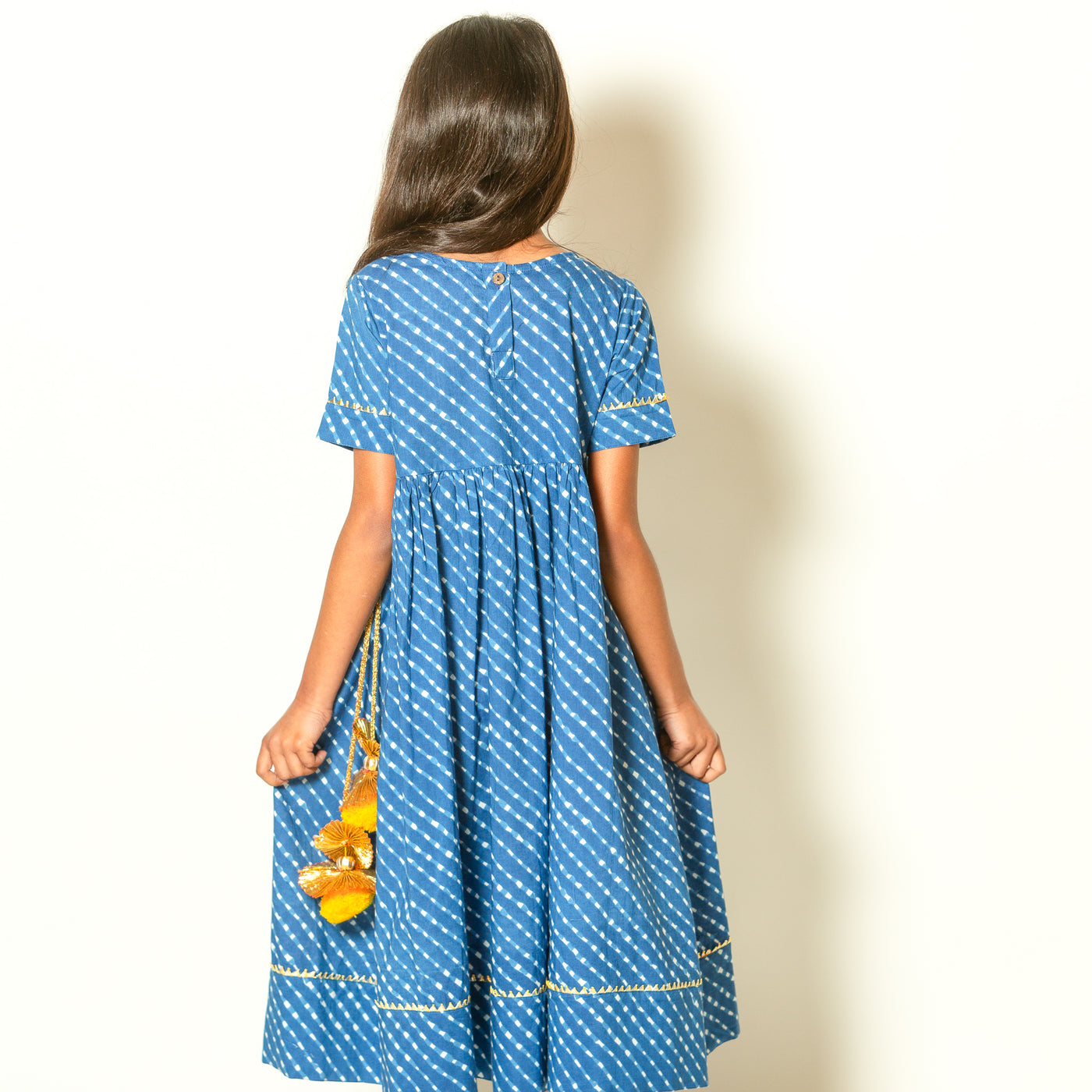 Ada - Girls Blue Leheriya Ankle Length Gota Dress with Pom Pom