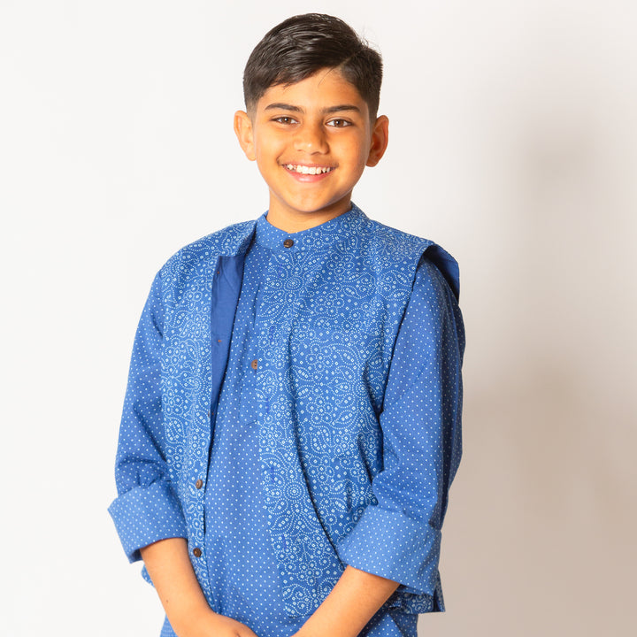 Aiden - Boys Blue Polka Dot Vest with Blue Kurta Pajama 6-7 yrs