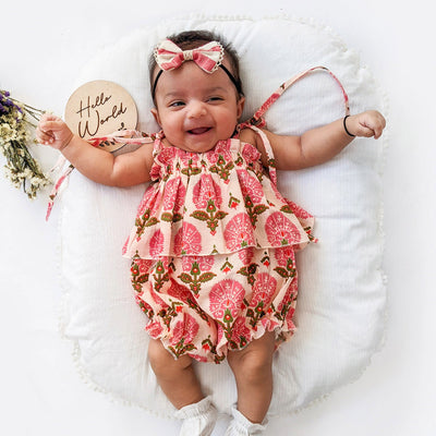 Aisha - Cotton Pink Floral Frilled Baby Playsuit