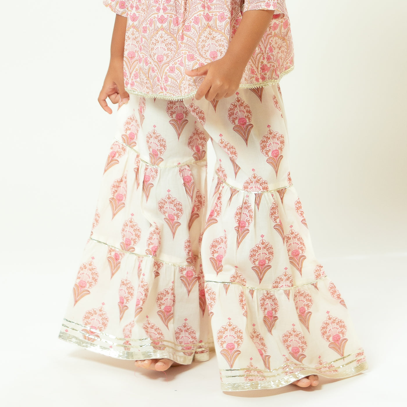 Aishwarya - Girls Pink Floral Angrakha Kurti with Pink Floral Sharara