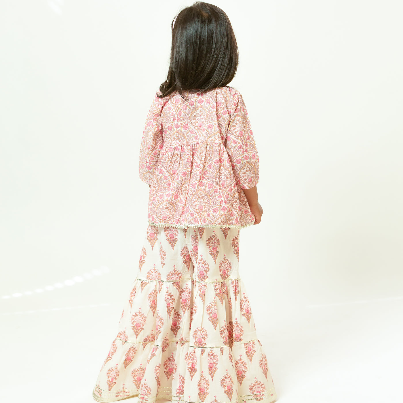 Aishwarya - Girls Pink Floral Angrakha Kurti with Pink Floral Sharara