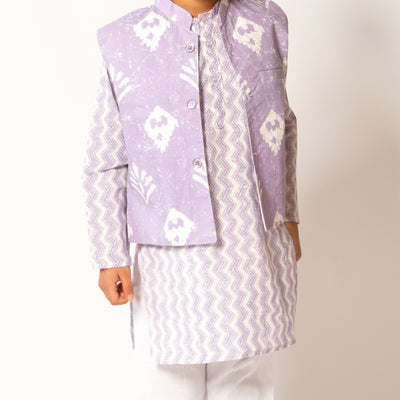 Akash - Lavender Boys Kurta Pajama with Geometric Print Vest
