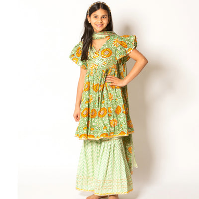 Amita - Green Floral Girls Sharara Set