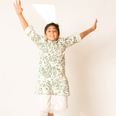 Anay - Boys White Kurta Pajama with Green Paisley Print