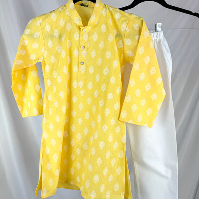 Arjun - Yellow and White Print Kurta Pajama Set for Boys