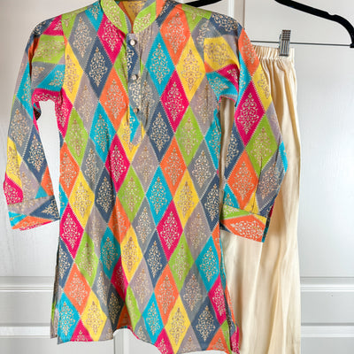 Arnav - Multicolor Gold Foil Print Kurta Pajama Set for Boys