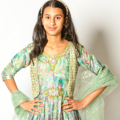 Ayana - Mint Green Floral Girls Ethnic Gown