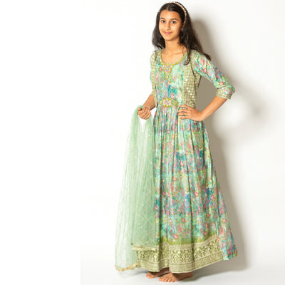 Ayana - Mint Green Floral Girls Ethnic Gown