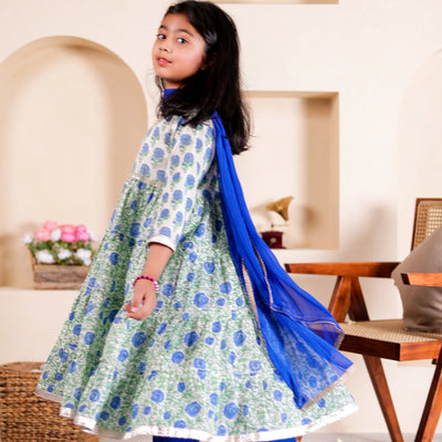 Ayushi - Girls Blue Floral Anarkali Kurti with Blue Pant and Dupatta