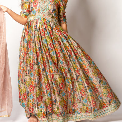 Dhwani - Crepe Silk Ethnic Gown with Floral Garden Print