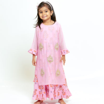 Eera - Girls Pink Cotton Block Print Dress with Chanderi Cotton Kurti