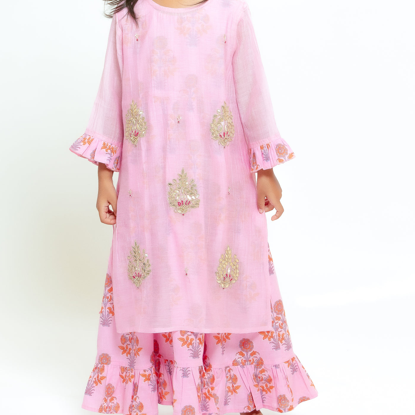 Eera - Girls Pink Cotton Block Print Dress with Chanderi Cotton Kurti