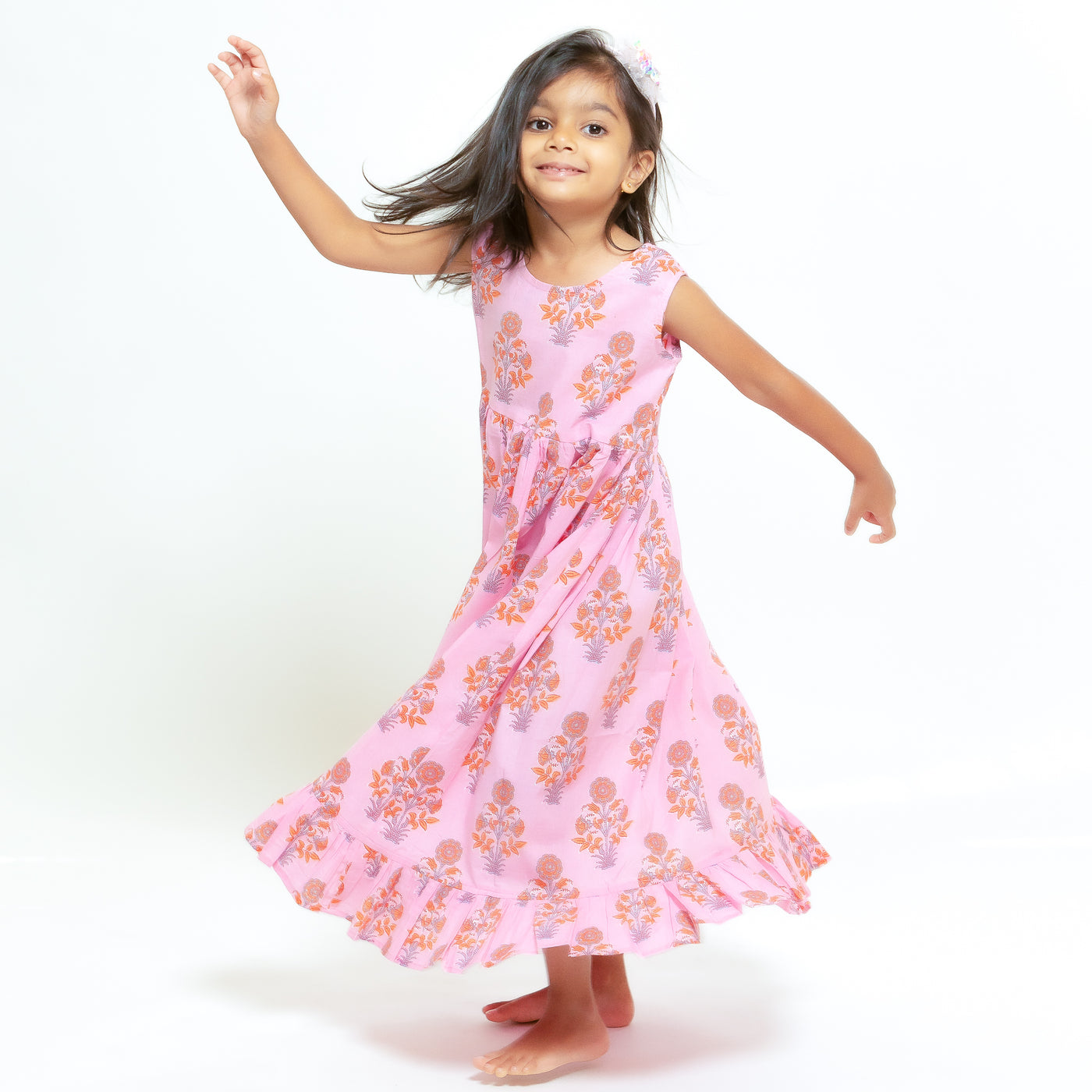 Eera - Girls Pink Cotton Block Print Dress with Chanderi Cotton Kurti