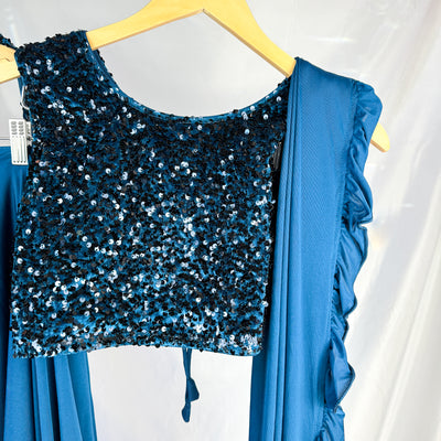 Ella - Dark Teal Sequin Pre-Stitched Sari Set for Girls