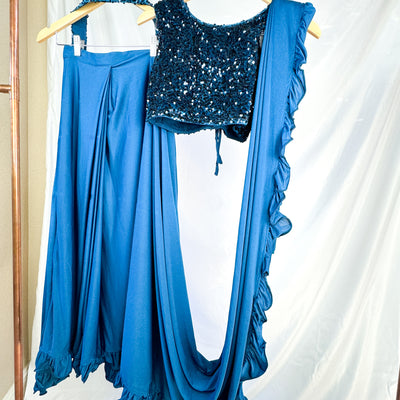 Ella - Dark Teal Sequin Pre-Stitched Sari Set for Girls
