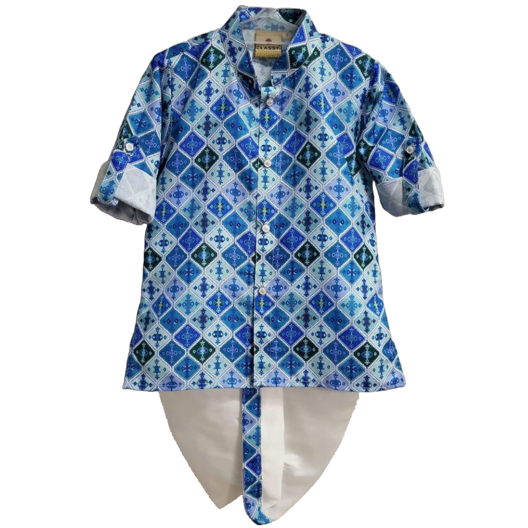 Adhiraj - Blue Geometric Print Baby Boy Kurta