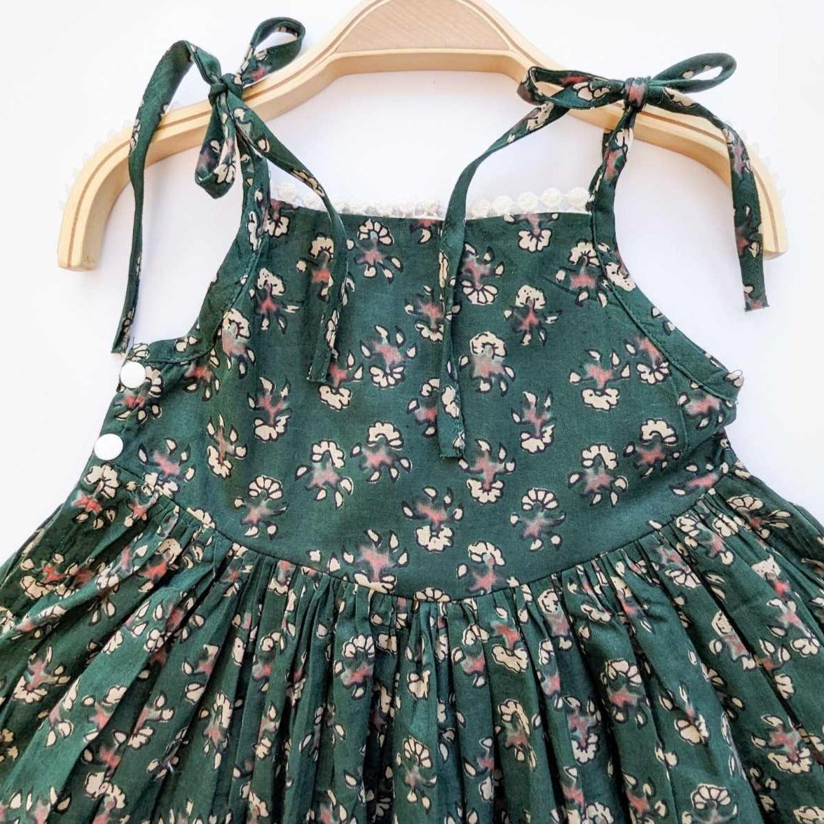 Grace - Baby Girl Pure Cotton Tie-up Strings Frock in Deep Green