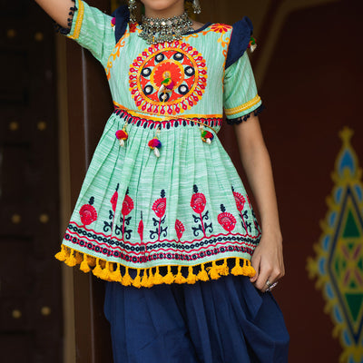 ISHIKA - Aquamarine and Blue Traditional Embroidered Kedia Dhoti set for Girls