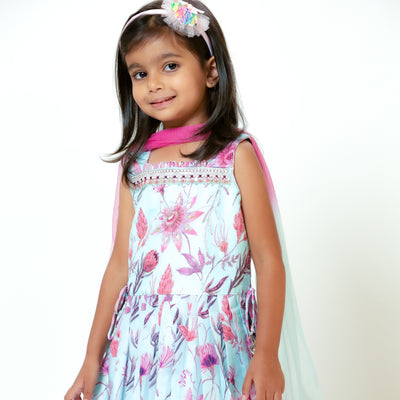 Iksha - Toddler Girls Floral Pink and Sky Blue Dhoti Set