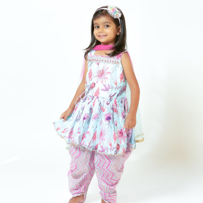 Iksha - Toddler Girls Floral Pink and Sky Blue Dhoti Set