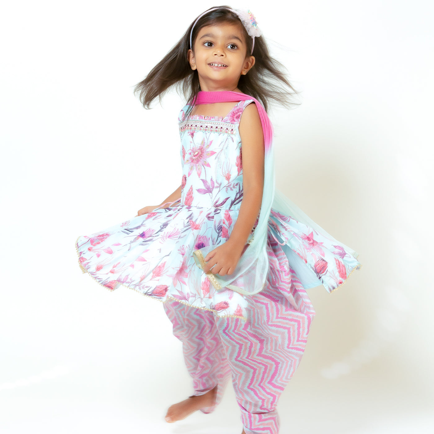 Iksha - Toddler Girls Floral Pink and Sky Blue Dhoti Set