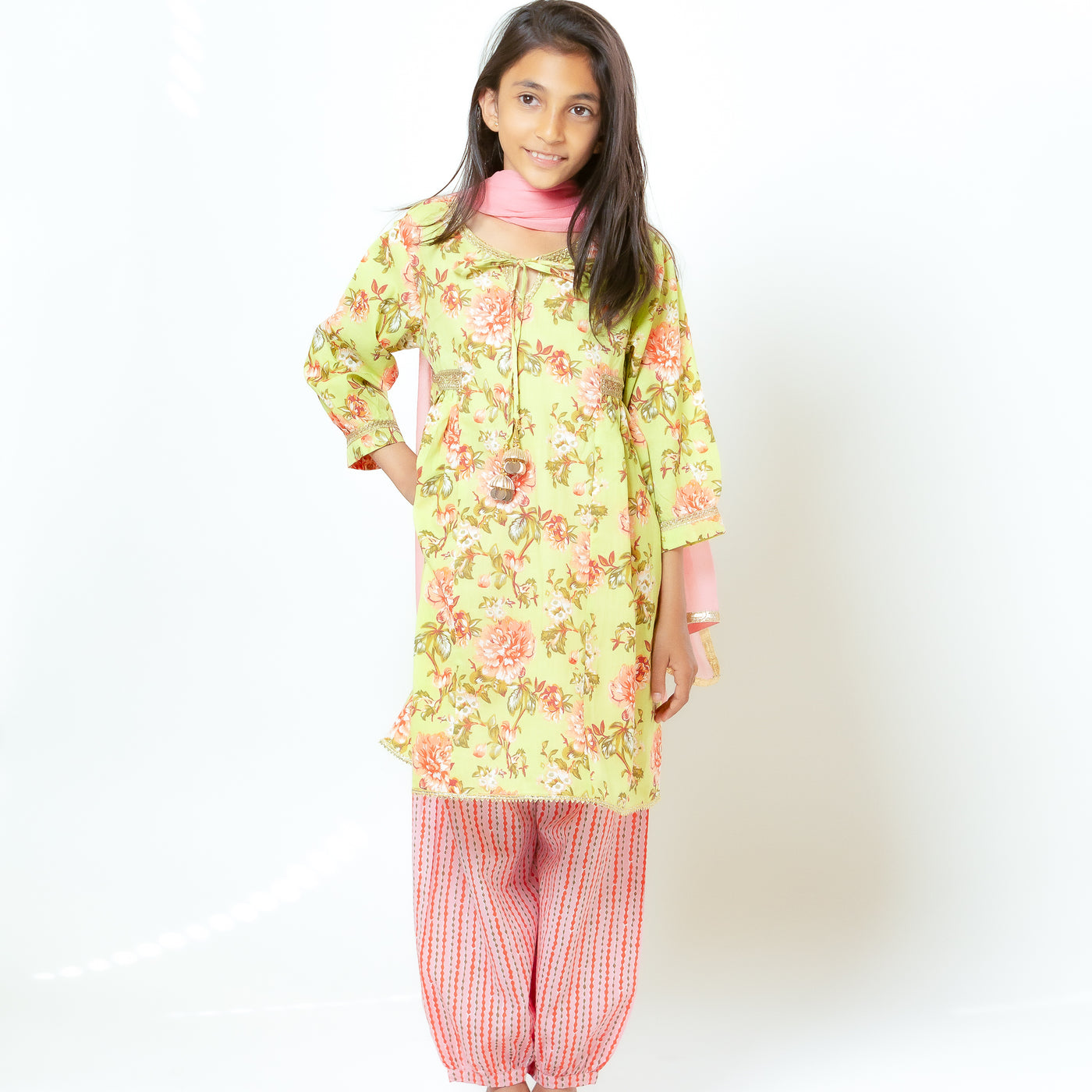 Ira - Girls Green and Pink Floral Kurti with Coordinated Salwar