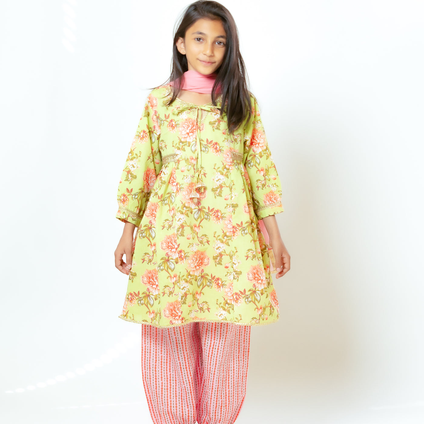 Ira - Girls Green and Pink Floral Kurti with Coordinated Salwar