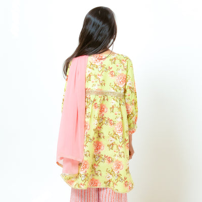 Ira - Girls Green and Pink Floral Kurti with Coordinated Salwar