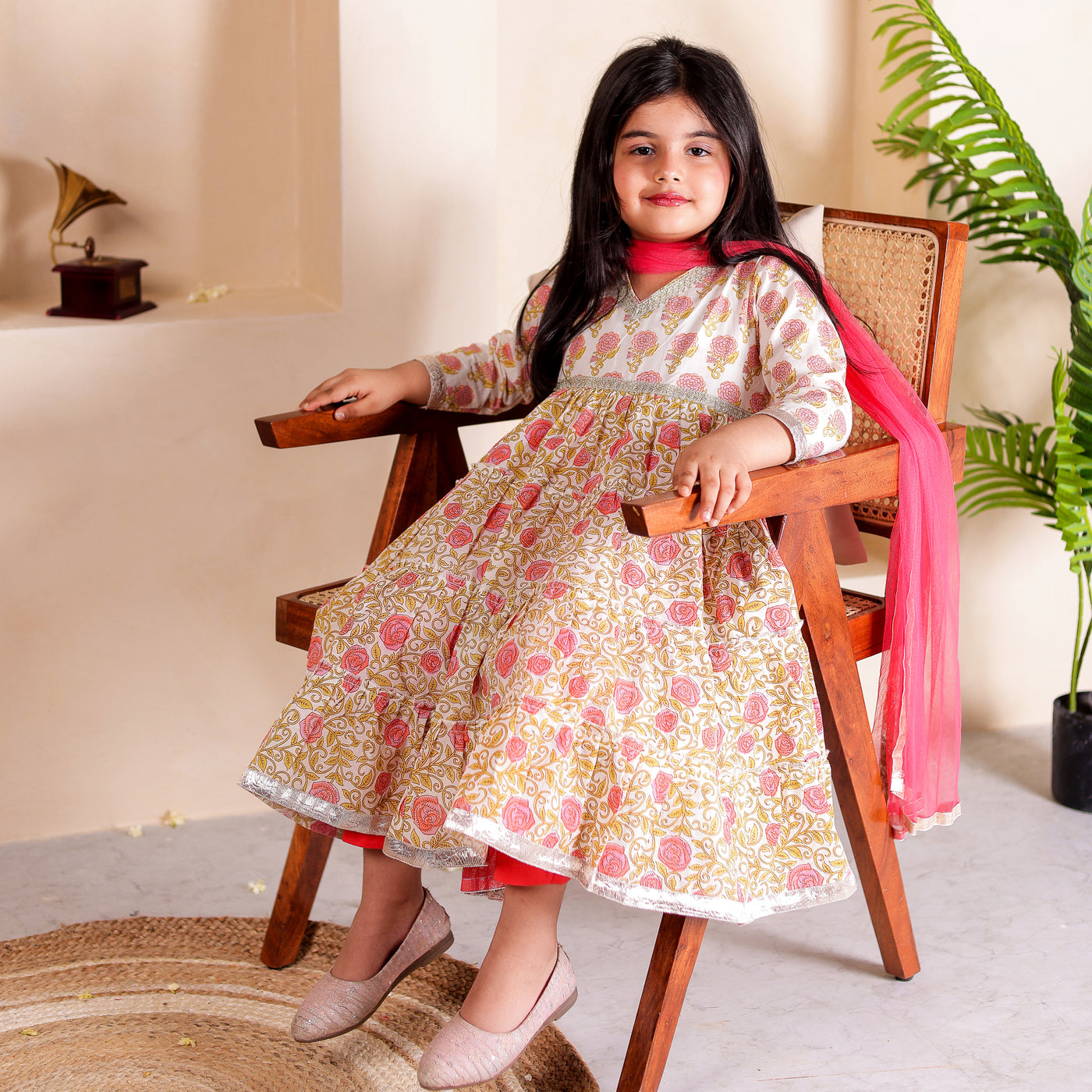 Jiya - Girls Peach Floral Anarkali Kurti  with Peach Pant and Dupatta