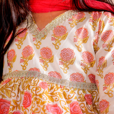 Jiya - Girls Peach Floral Anarkali Kurti  with Peach Pant and Dupatta