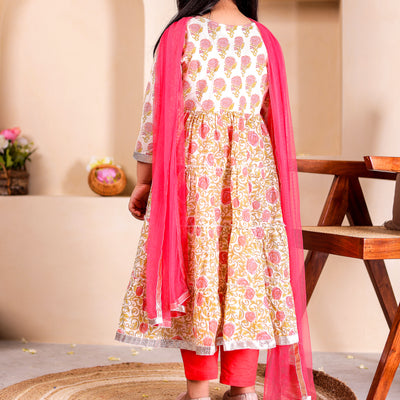 Jiya - Girls Peach Floral Anarkali Kurti  with Peach Pant and Dupatta