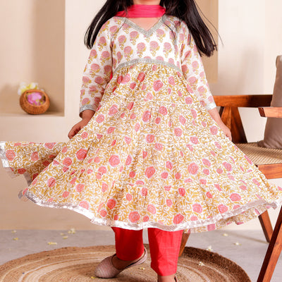 Jiya - Girls Peach Floral Anarkali Kurti  with Peach Pant and Dupatta